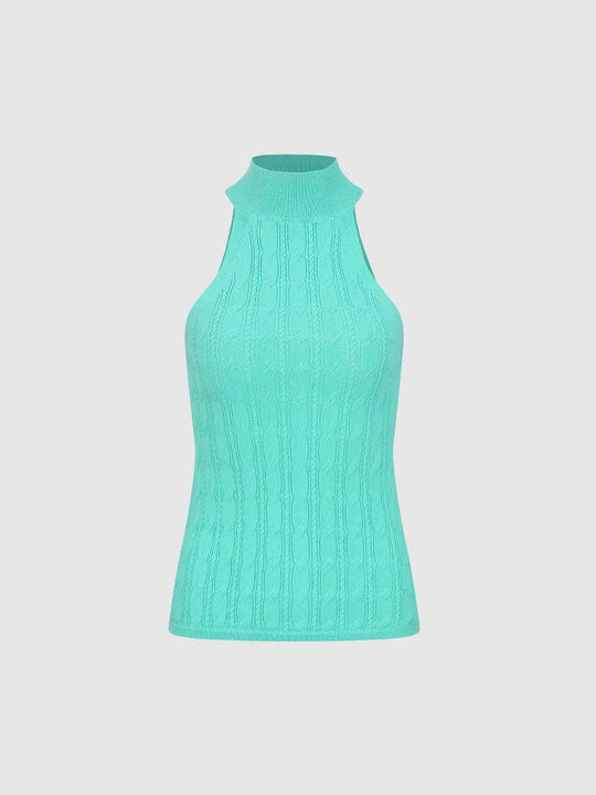 Cable Knit High Neck Textured Cotton Tank Top