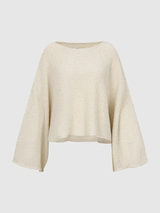Oversized Cropped Textured Boat Neck Drop Shoulder Sweater