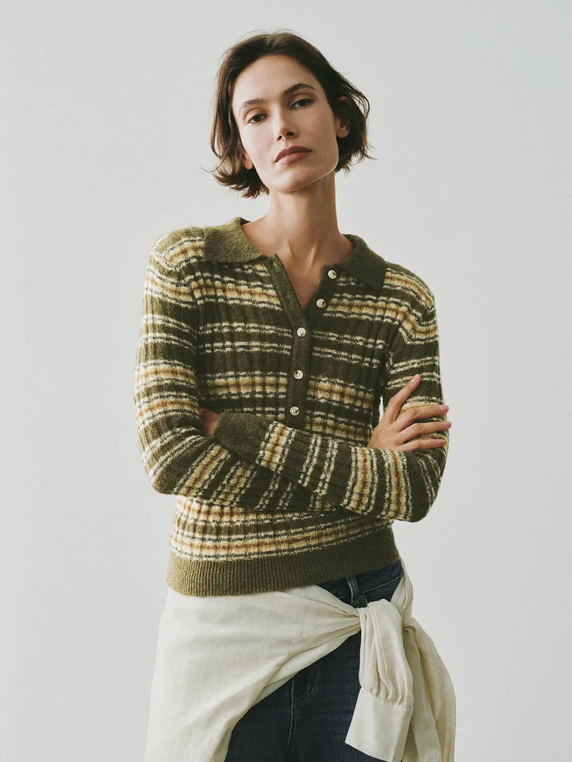 Knit T-Shirts by Urban Revivo Fashion; green plaid knitted polo with button placket.