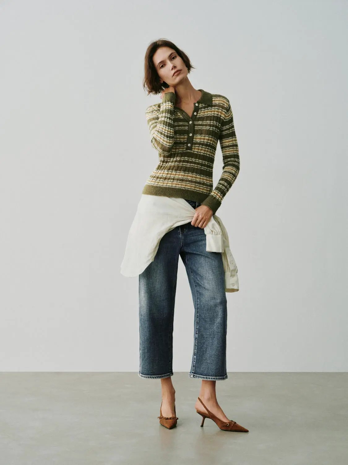 Knit T-Shirts by Urban Revivo Fashion; olive and cream striped long-sleeve knitted top