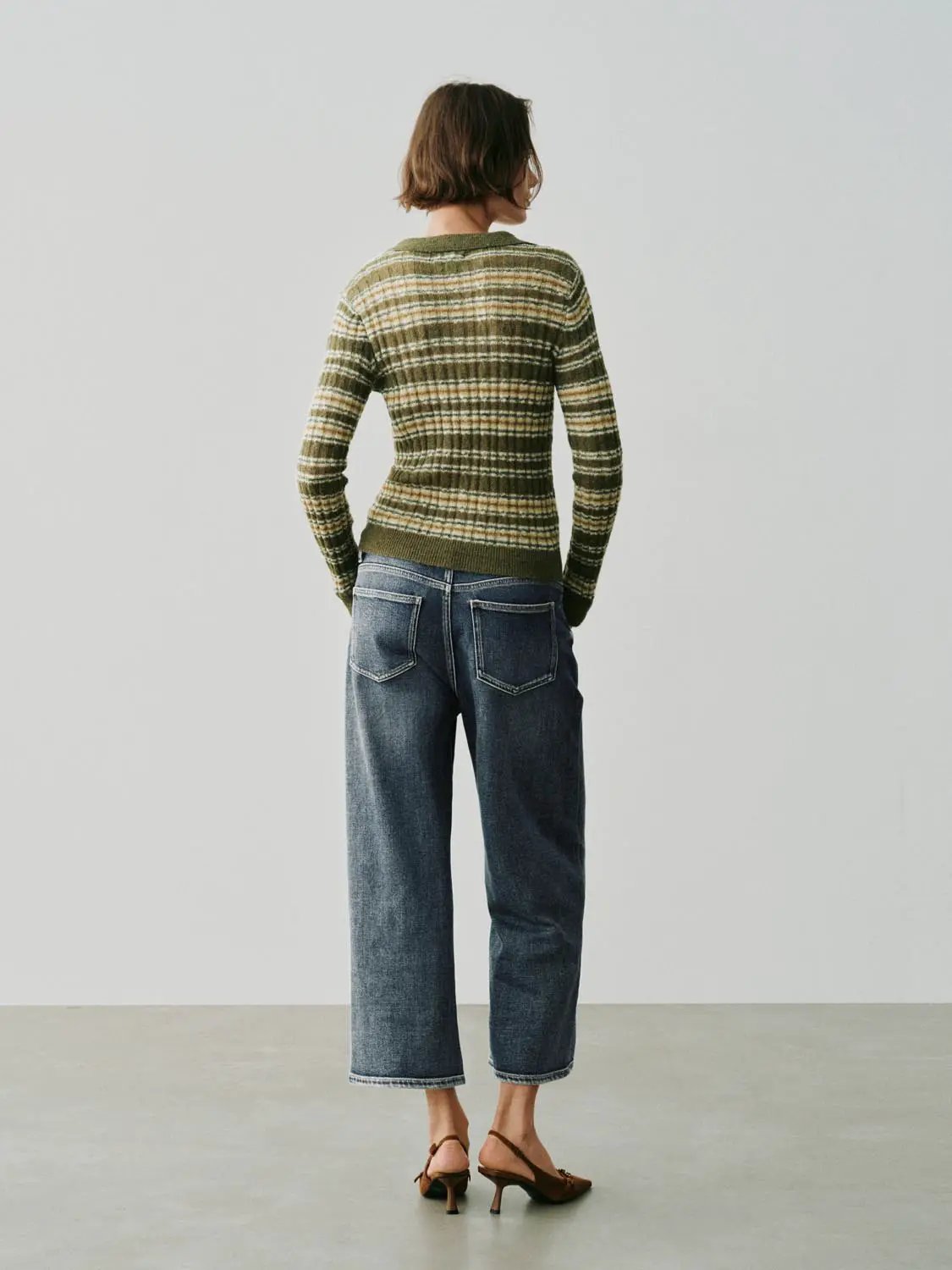 Knit T-Shirts; Urban Revivo Fashion knitted top in green striped pattern with long sleeves.
