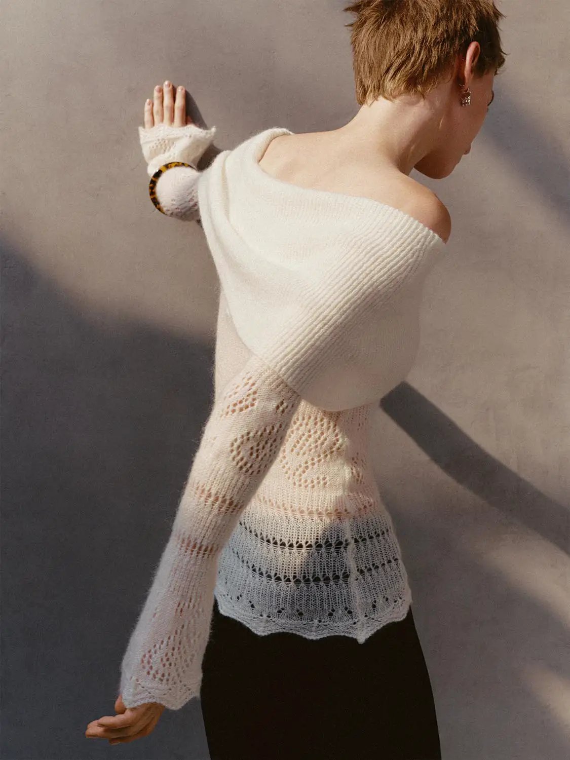 Off-shoulder rib-knit lace long-sleeve T-shirt in ivory by Urban Revivo Fashion.
