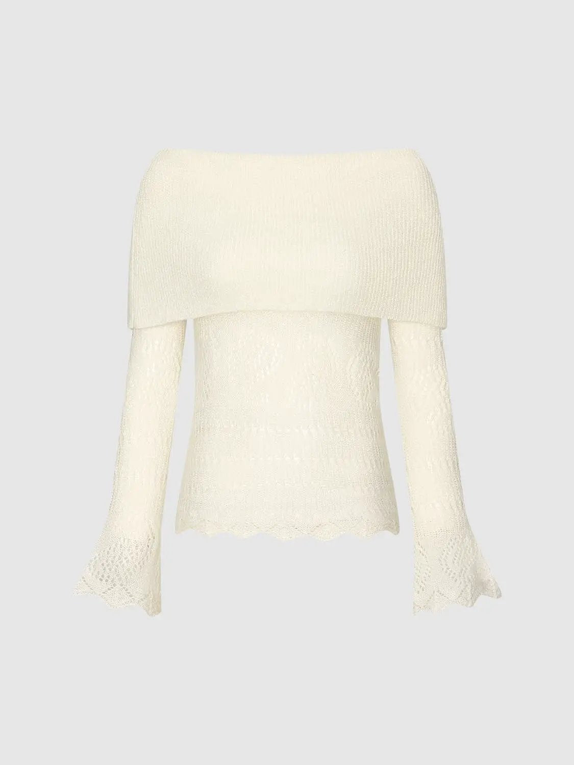 Off-Shoulder Rib Knit Lace Long Sleeve T-Shirt in ivory by Urban Revivo Fashion