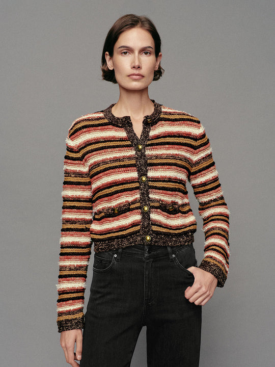 Chaqueta de manga larga de punto a rayas, con cuello redondo y mezcla de algodón