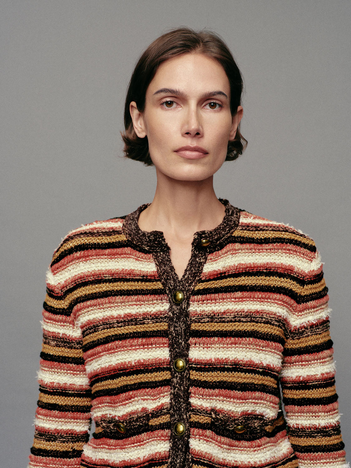 Striped knit cardigan, cotton blend, crew neck, brass-button front; Urban Revivo Fashion