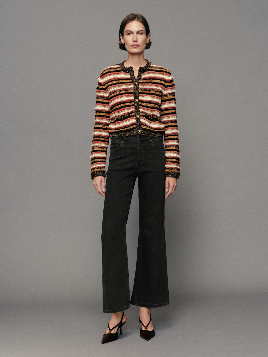 Striped knit cardigan with crew neck, multicolor cotton-blend, gold-button front.