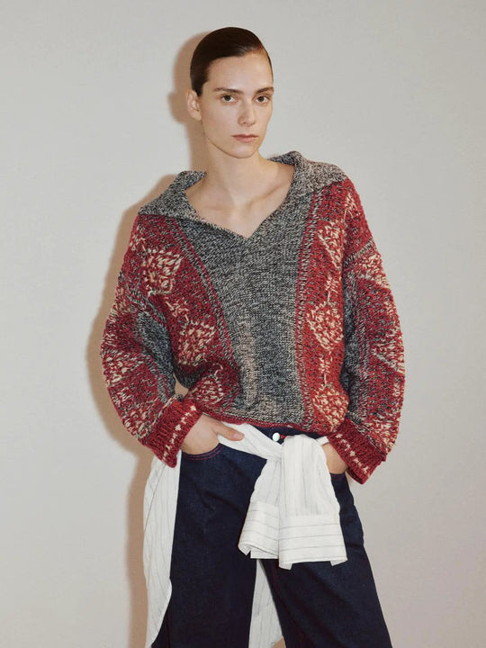 Patterned Ribbed Hem Crew Neck Long Sleeve Knit Sweater