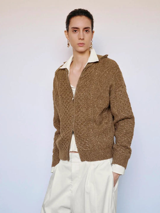 Textured Long Sleeve Zip Front Knit Jacket