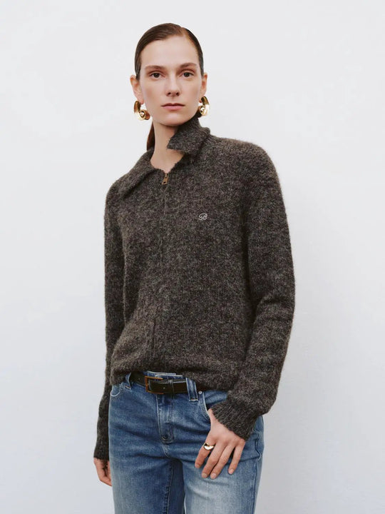 Textured Zip Front Shirt Collar Long Sleeve Knit Jacket