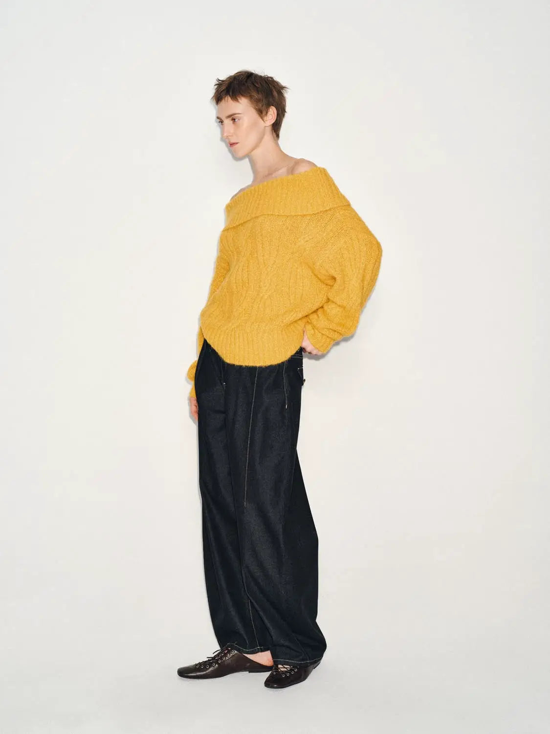 Knit T-Shirt, mustard-yellow chunky knit, oversized relaxed fit.