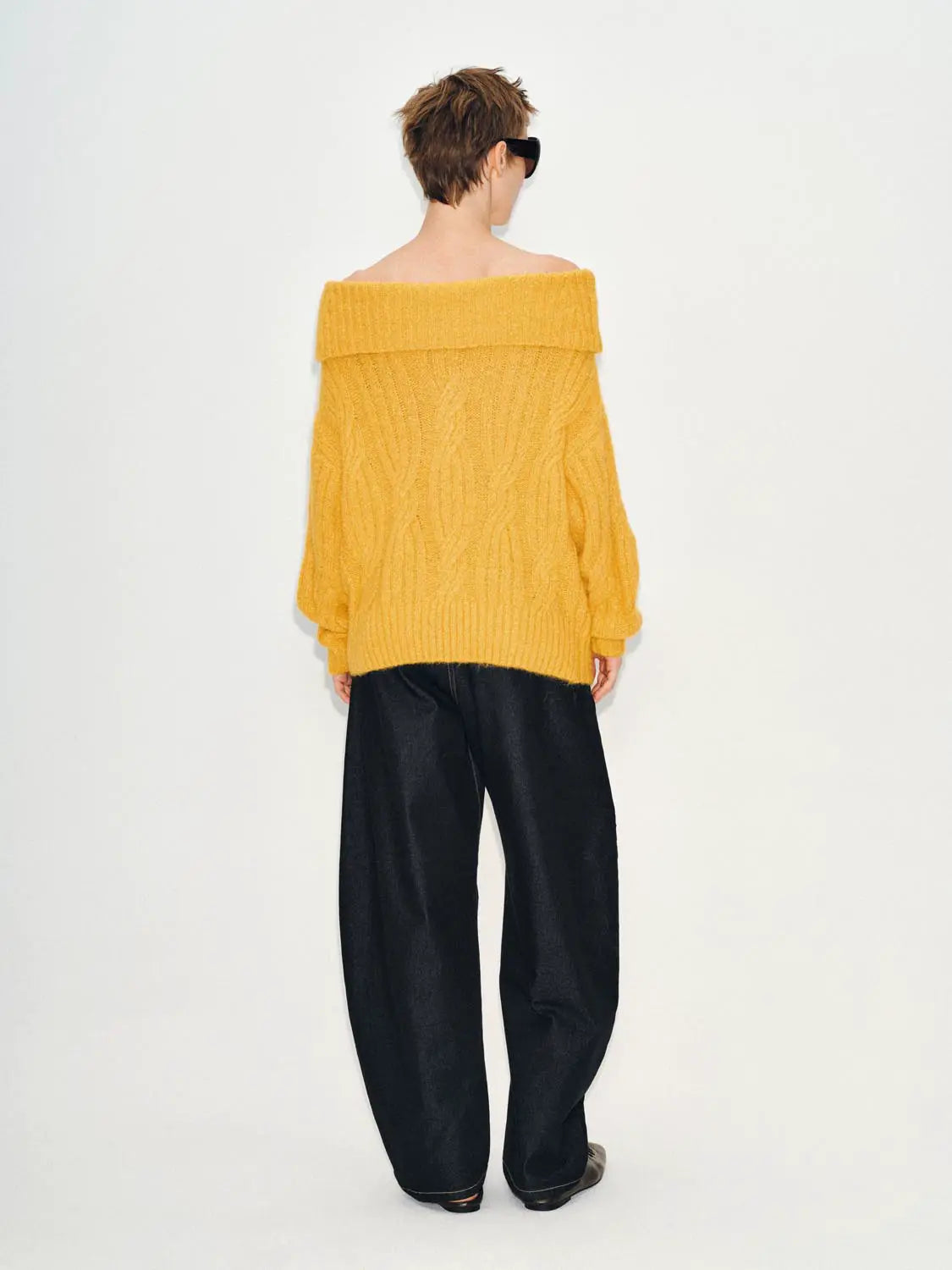 Knit T-Shirt by Urban Revivo Fashion; mustard yellow chunky knit with off-shoulder neckline.