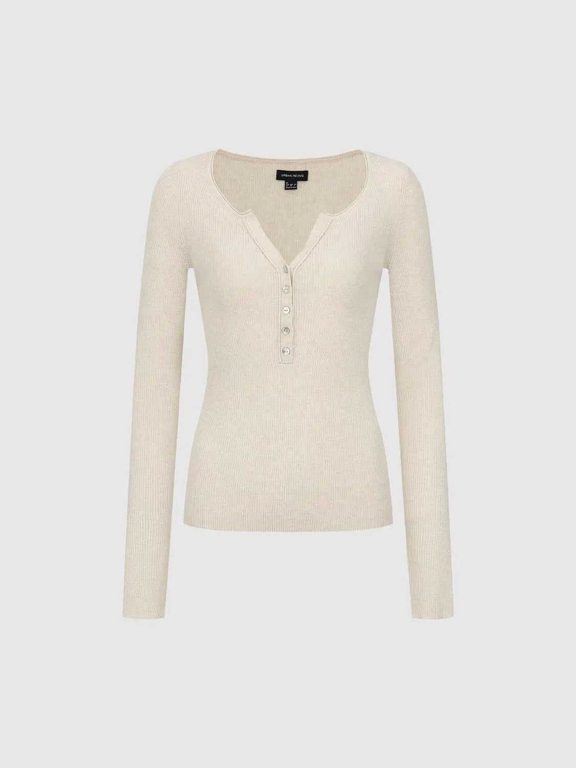 Knit top beige knitted T-shirt with button placket and long sleeves, Urban Revivo Fashion