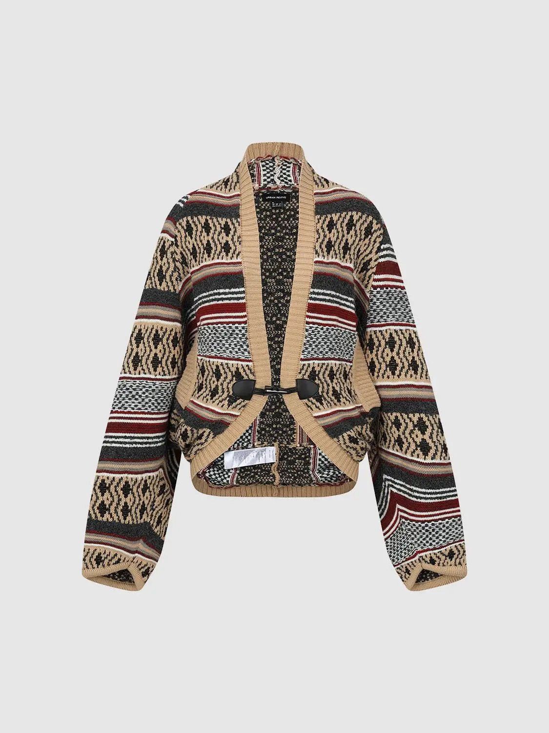 Knitwear cardigan by Urban Revivo Fashion with beige belt harness and geometric beige, black, red pattern.