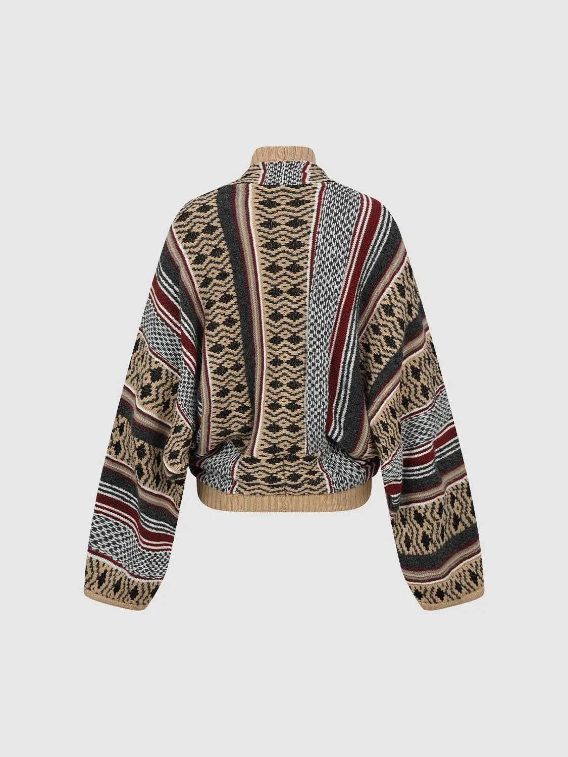 Knitwear jacket, knitted cardigan in tan, beige, red and black geometric pattern.