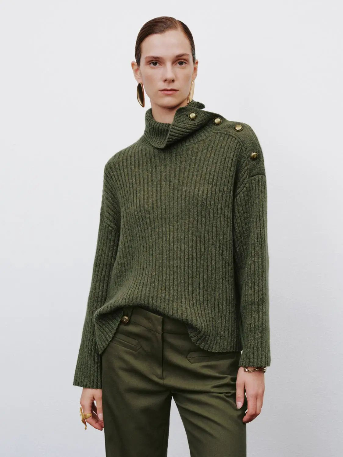 Ribbed asymmetric button long-sleeve sweater, olive green knit, Urban Revivo Fashion.