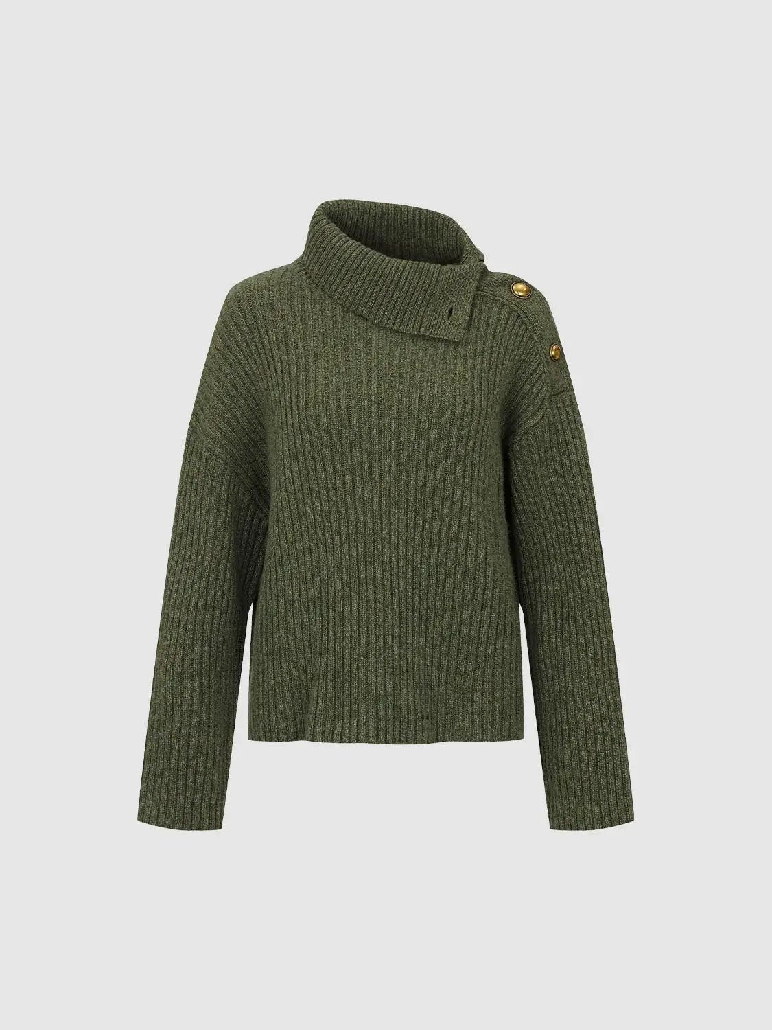 Ribbed Asymmetric Button Long Sleeve Sweater, olive green knit with gold shoulder buttons