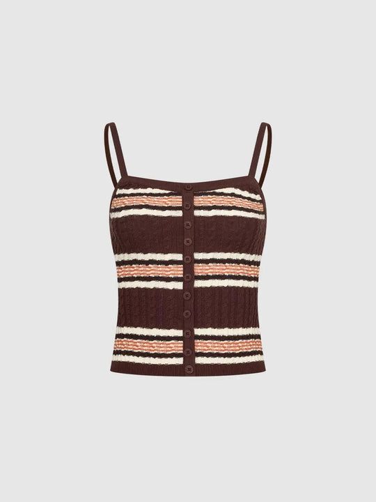 Textured Striped Button Front Sleeveless Cotton Cami Top