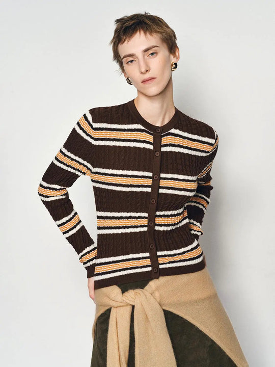 Textured Striped Crew Neck Long Sleeve Cotton Cardigan