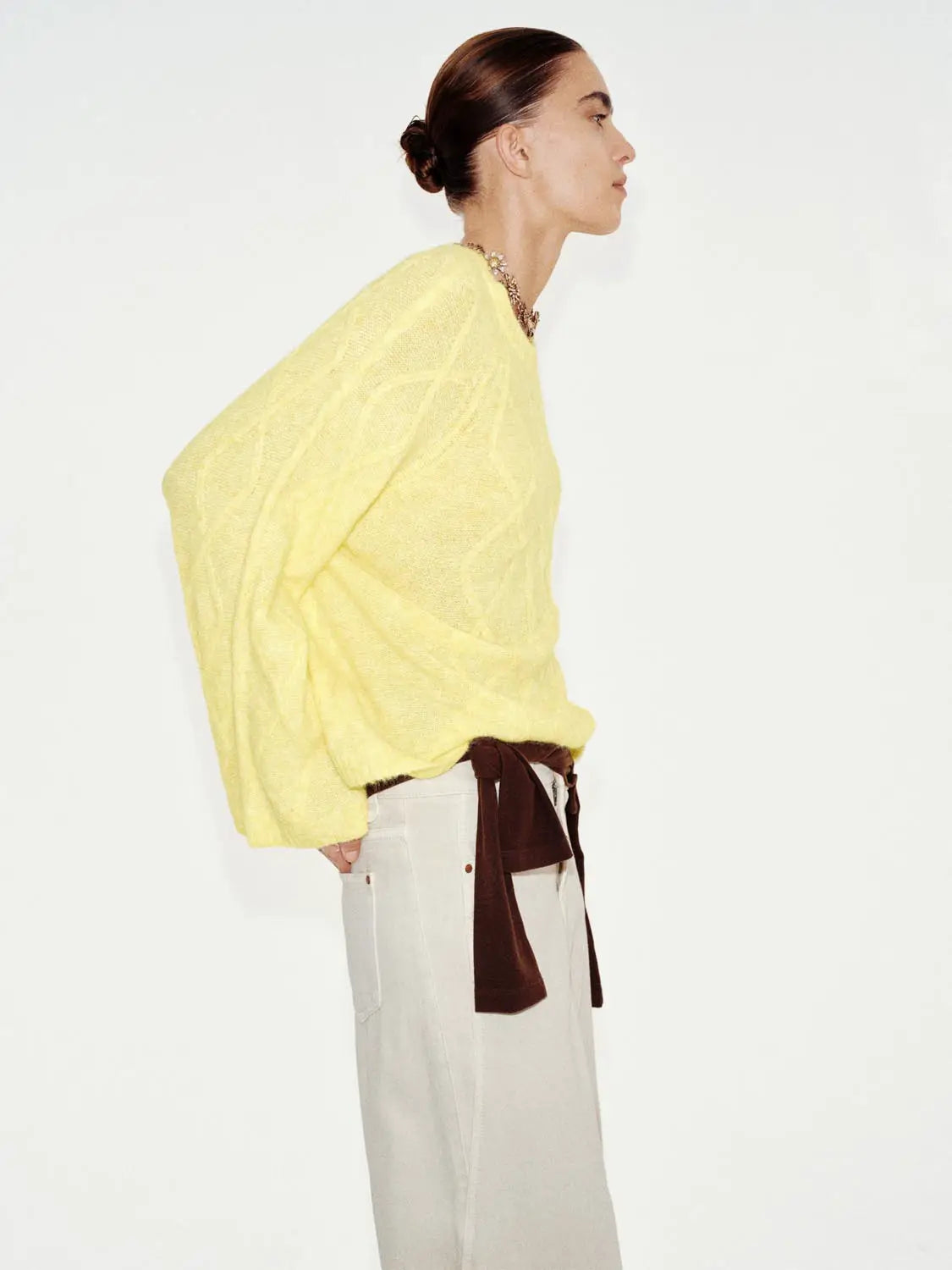 Knit T-Shirt by Urban Revivo Fashion in pale yellow knit, oversized fit.