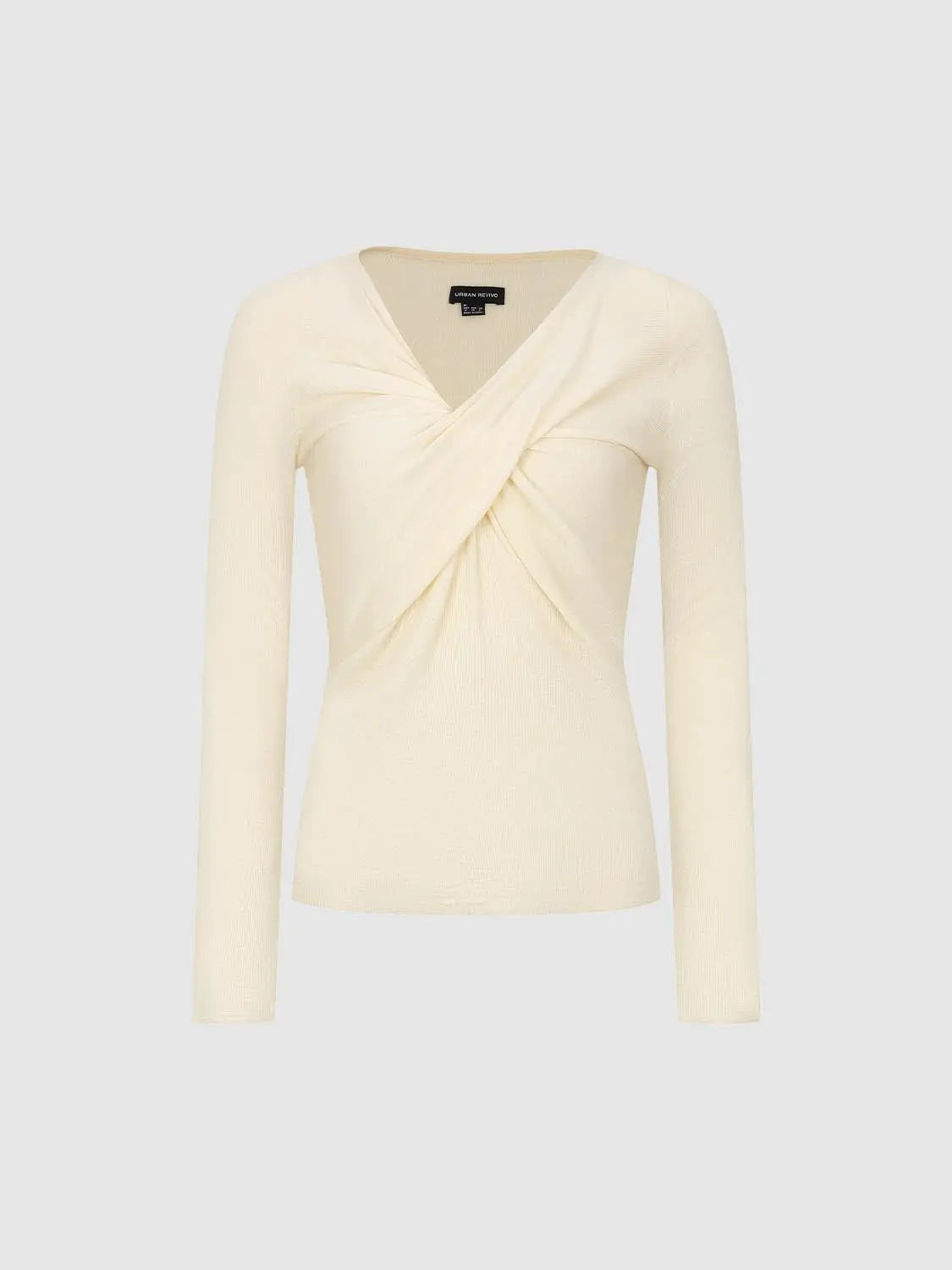 Knit T-shirt by Urban Revivo Fashion; cream knit with front twist knot detail and long sleeves