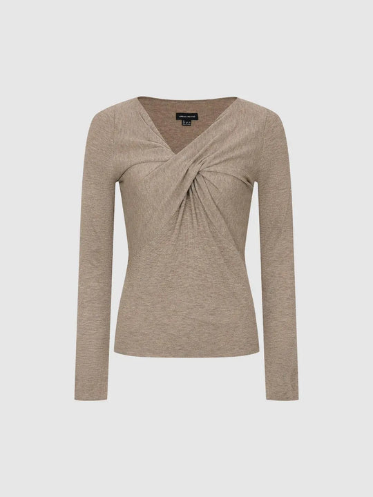 Twisted Front V-neck Long Sleeve Slim Fitted Thin Stretch Knit T-Shirt