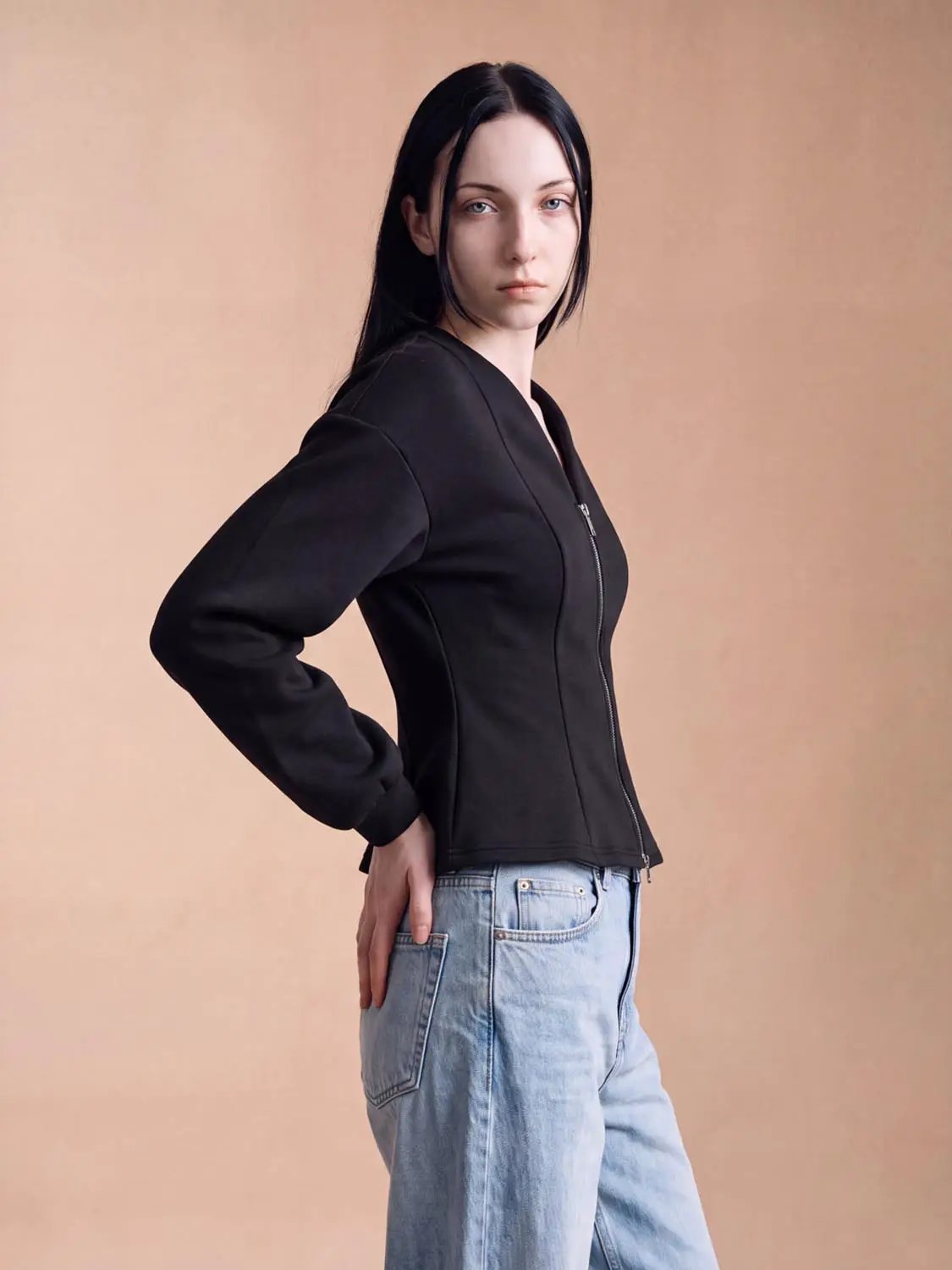 V Neck Zip Front Fitted Waist Cropped Jacket, black, for women