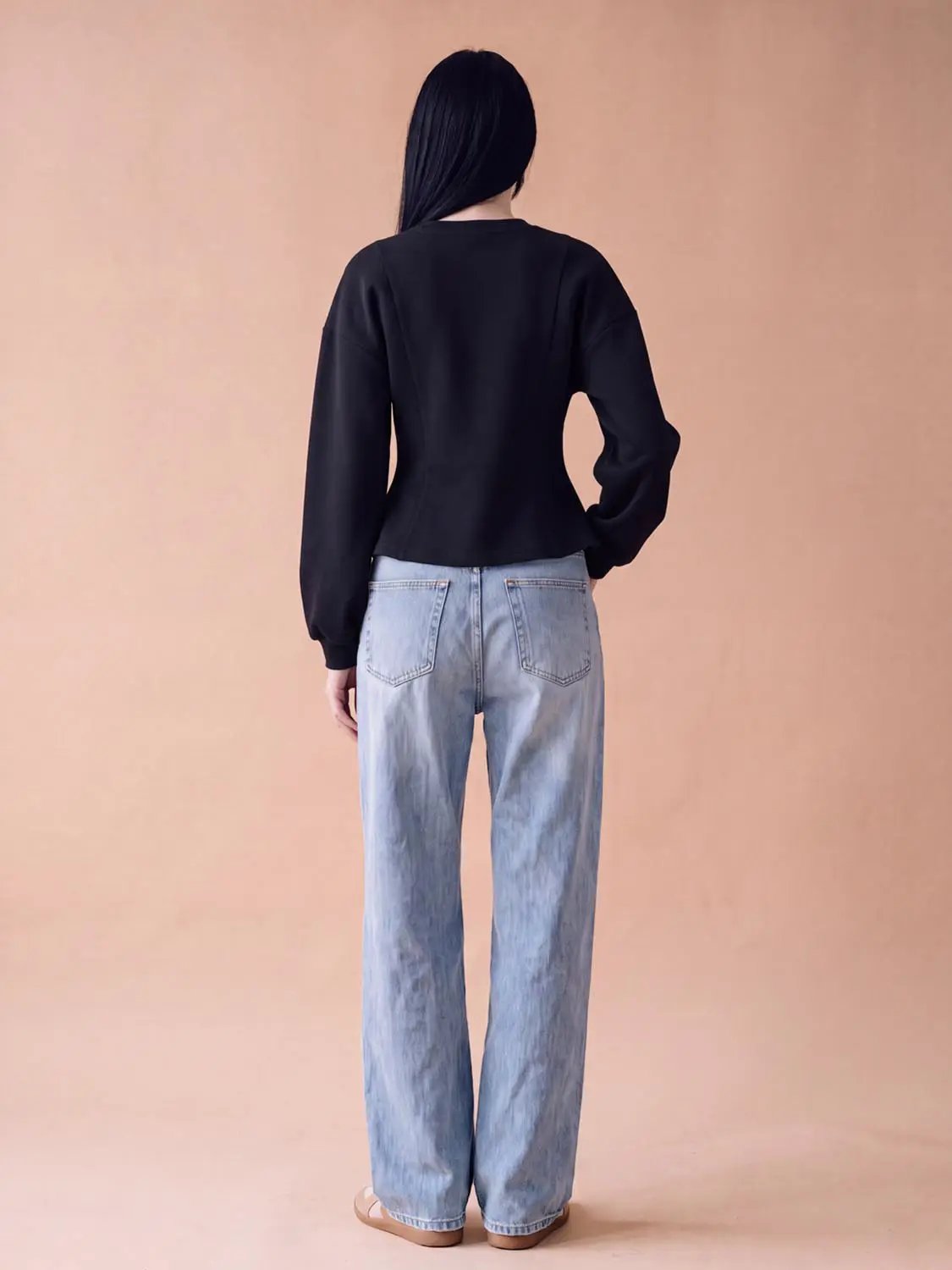 V Neck Zip Front Fitted Waist Cropped Jacket in black, back view on model