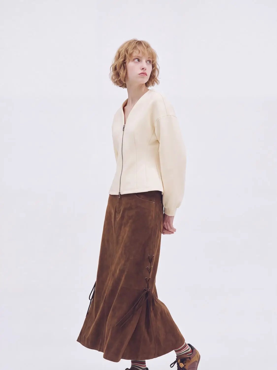V Neck Zip Front Fitted Waist Cropped Jacket in cream for women