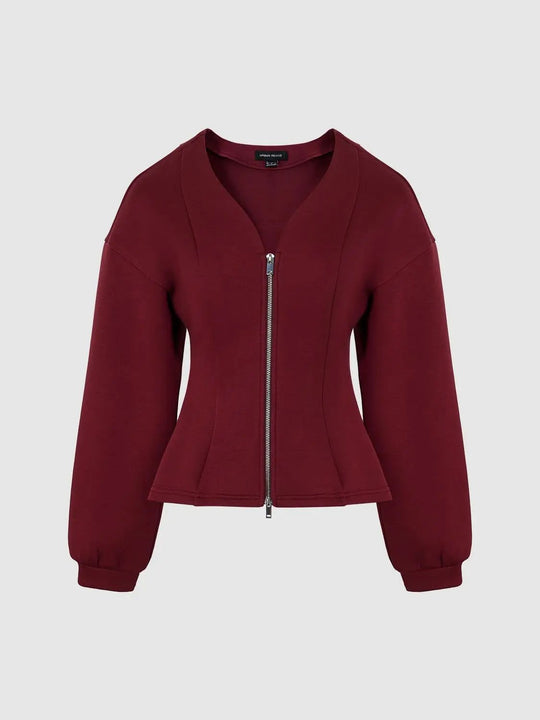 V Neck Zip Front Fitted Waist Cropped Jacket