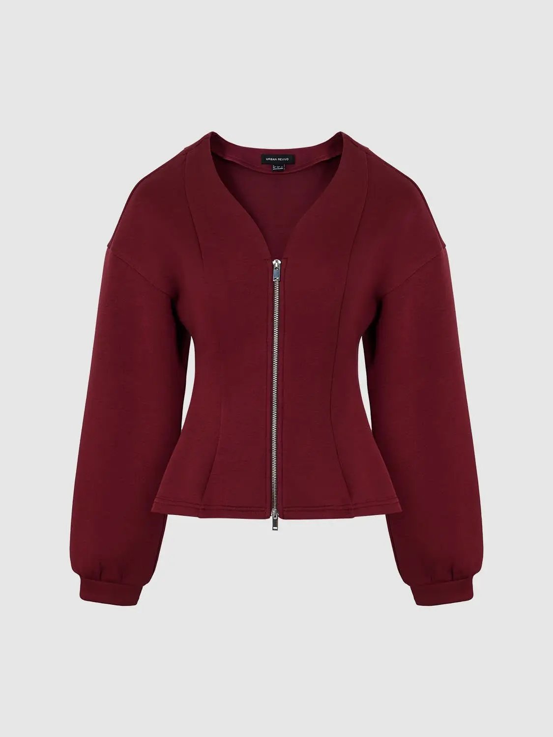 V-neck zip-front cropped jacket in burgundy with a fitted waist, Urban Revivo Fashion