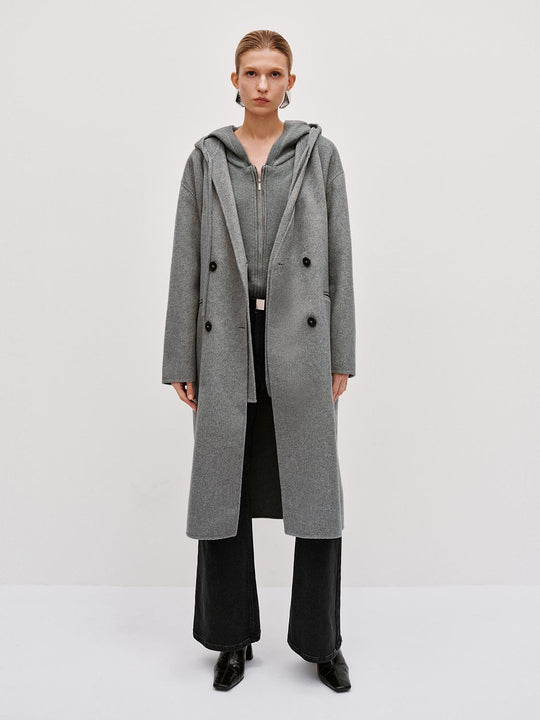 Wool Blend Double Breasted Drawstring Oversize Hooded Coats
