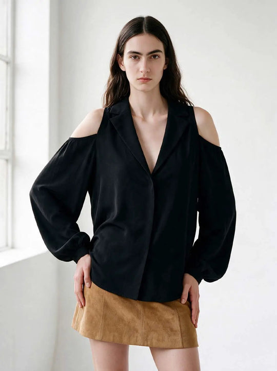Lapel Cold Shoulder Puff Sleeve Thick Fabric Cropped Top