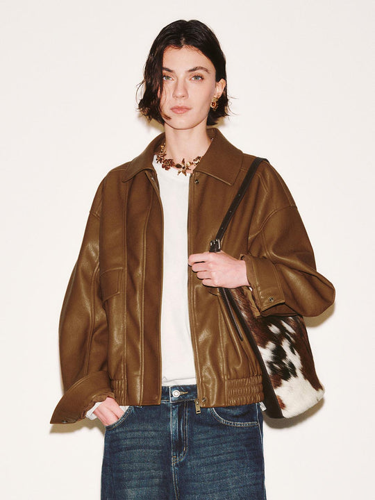 Faux Leather Flap Pockets Bomber Jackets