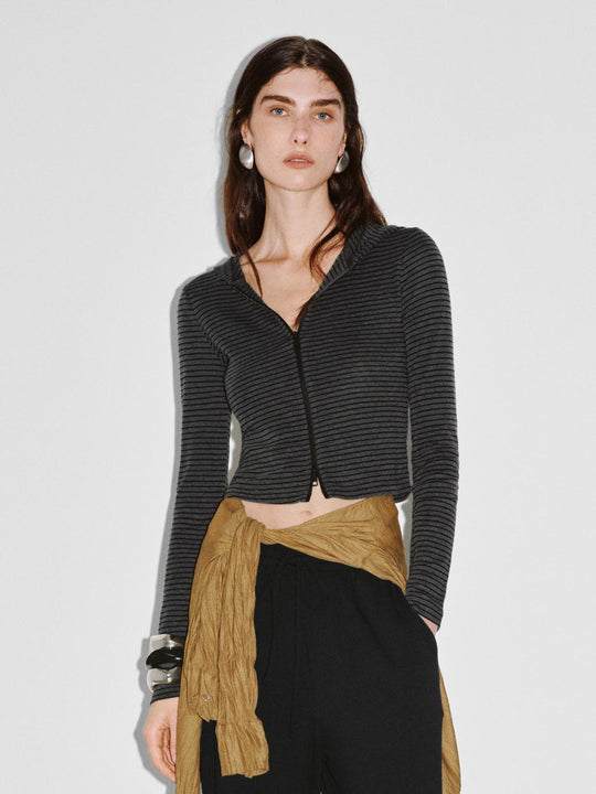 2-Way Zip Striped Hooded Cropped Skinny-Fit Jackets