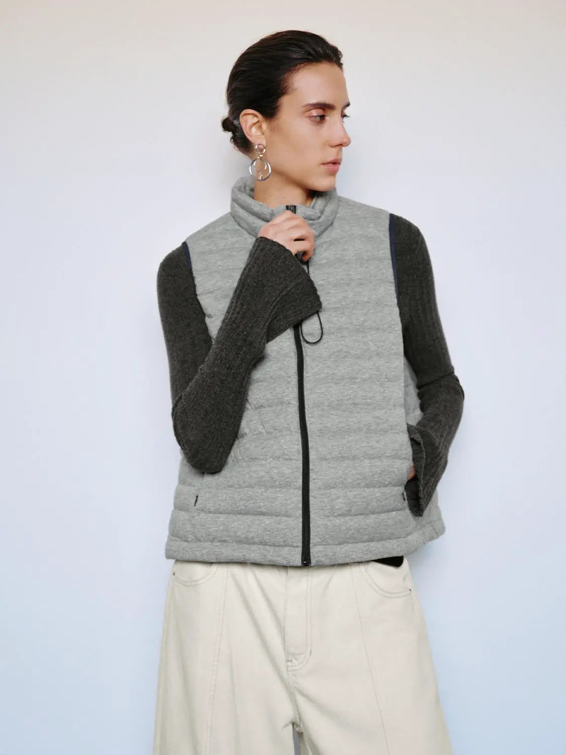 Down Jacket by Urban Revivo Fashion, light grey quilted body with dark sleeves.