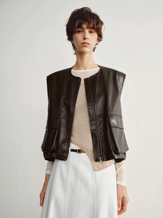 Coated Zip Front Panelled Crew Neck Sleeveless Vest