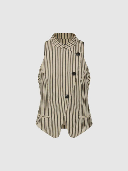 Cotton Vertical Striped Shell With Overlap Placket And Button Front Patch Pockets Vest