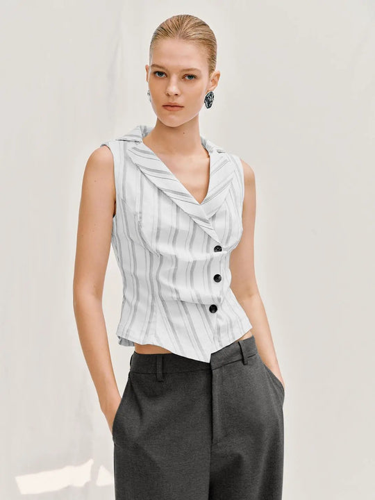 Pinstripe Peak Lapel Single Breasted Sleeveless Waistcoat