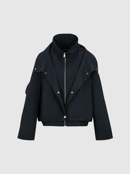 Zip Front Draped Collar Long Sleeve Cotton Jacket