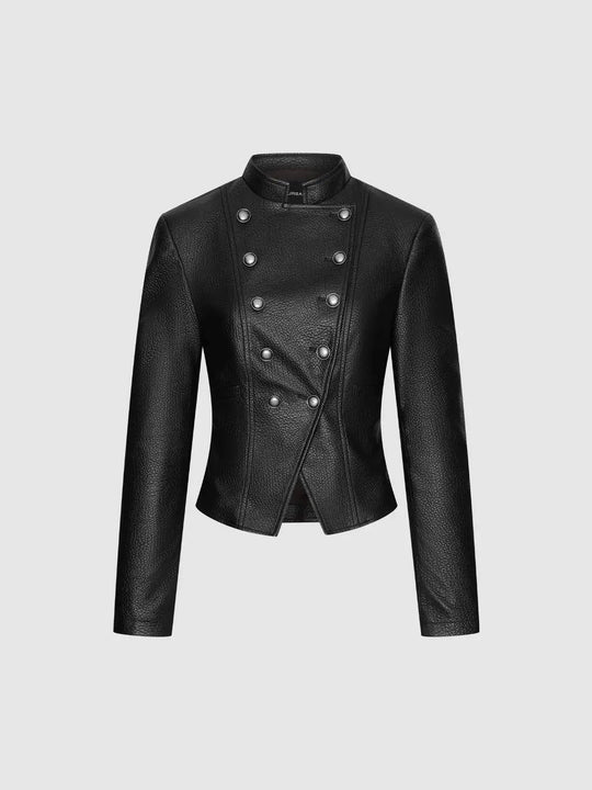 Fitted Cropped Textured Double-Breasted Long Sleeve Jacket