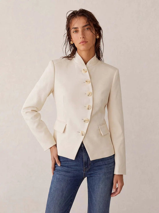Blazer sartoriale a maniche lunghe con colletto alla coreana e bottoni sul davanti