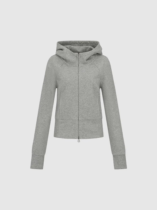 Felpa con cappuccio in misto cotone a coste, maniche raglan e chiusura a zip integrale