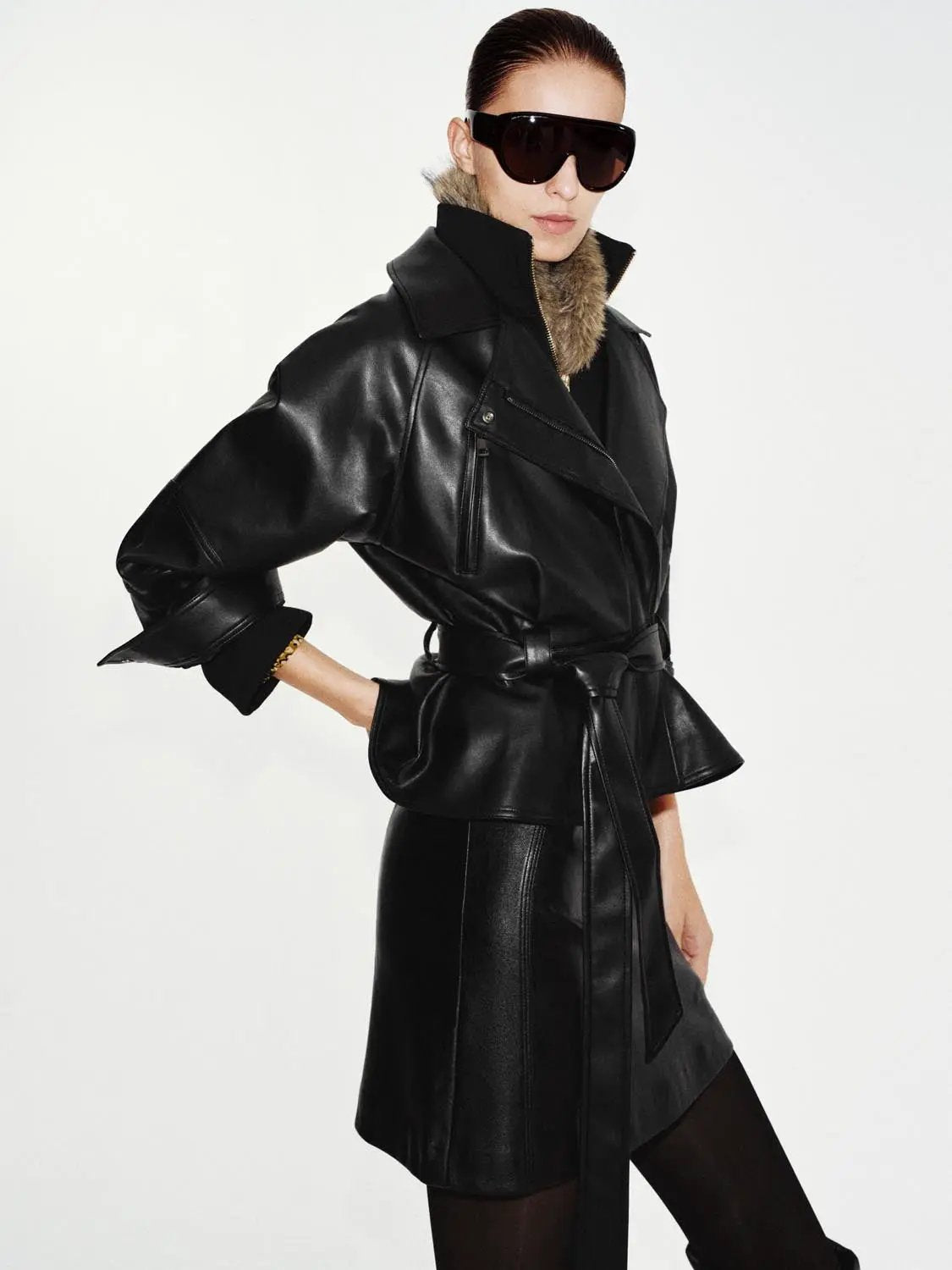 Jacket by Urban Revivo Fashion: black leather belted jacket with fur collar