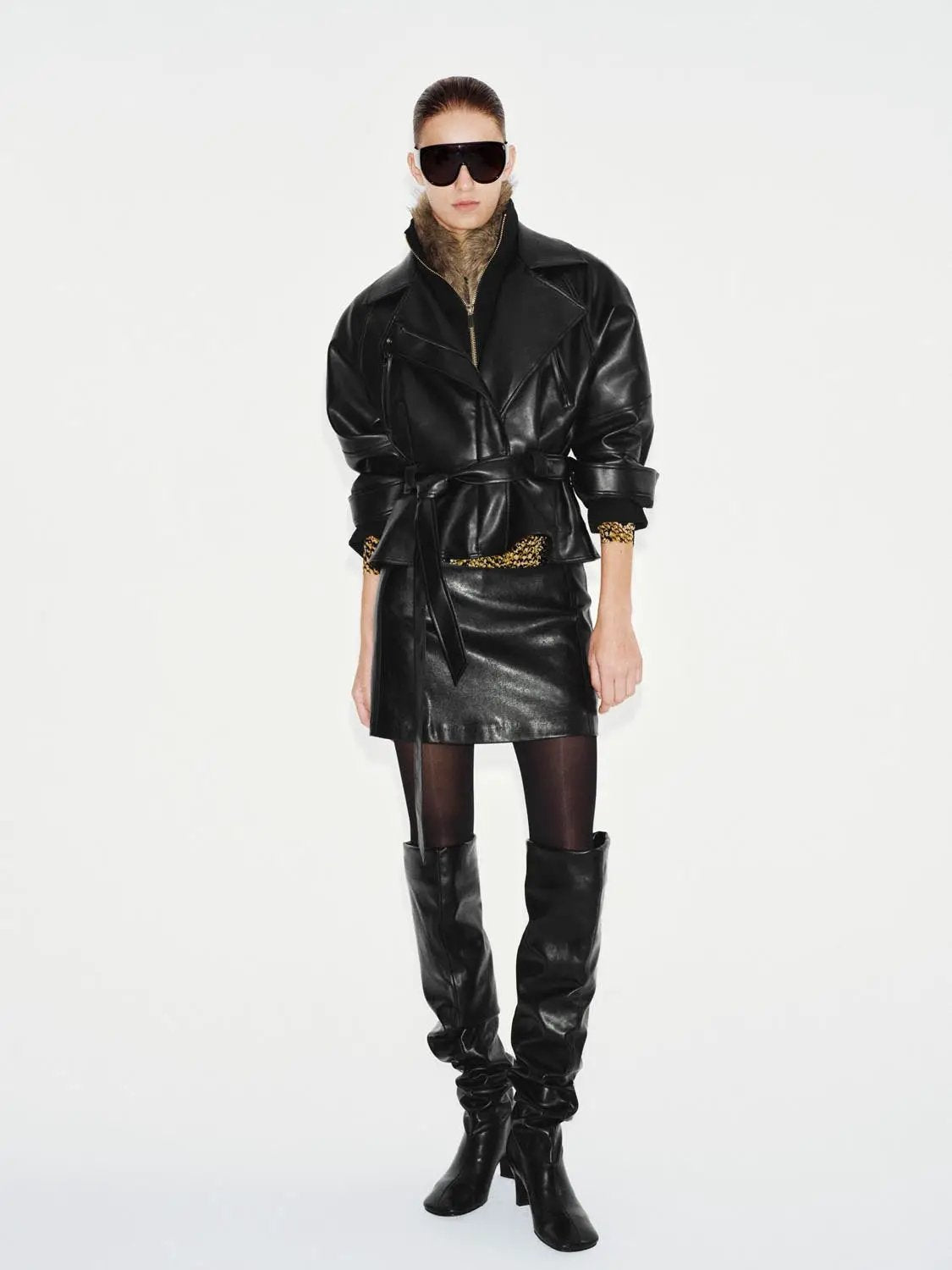 Jacket Urban Revivo Fashion black faux leather belted biker jacket with wide lapels