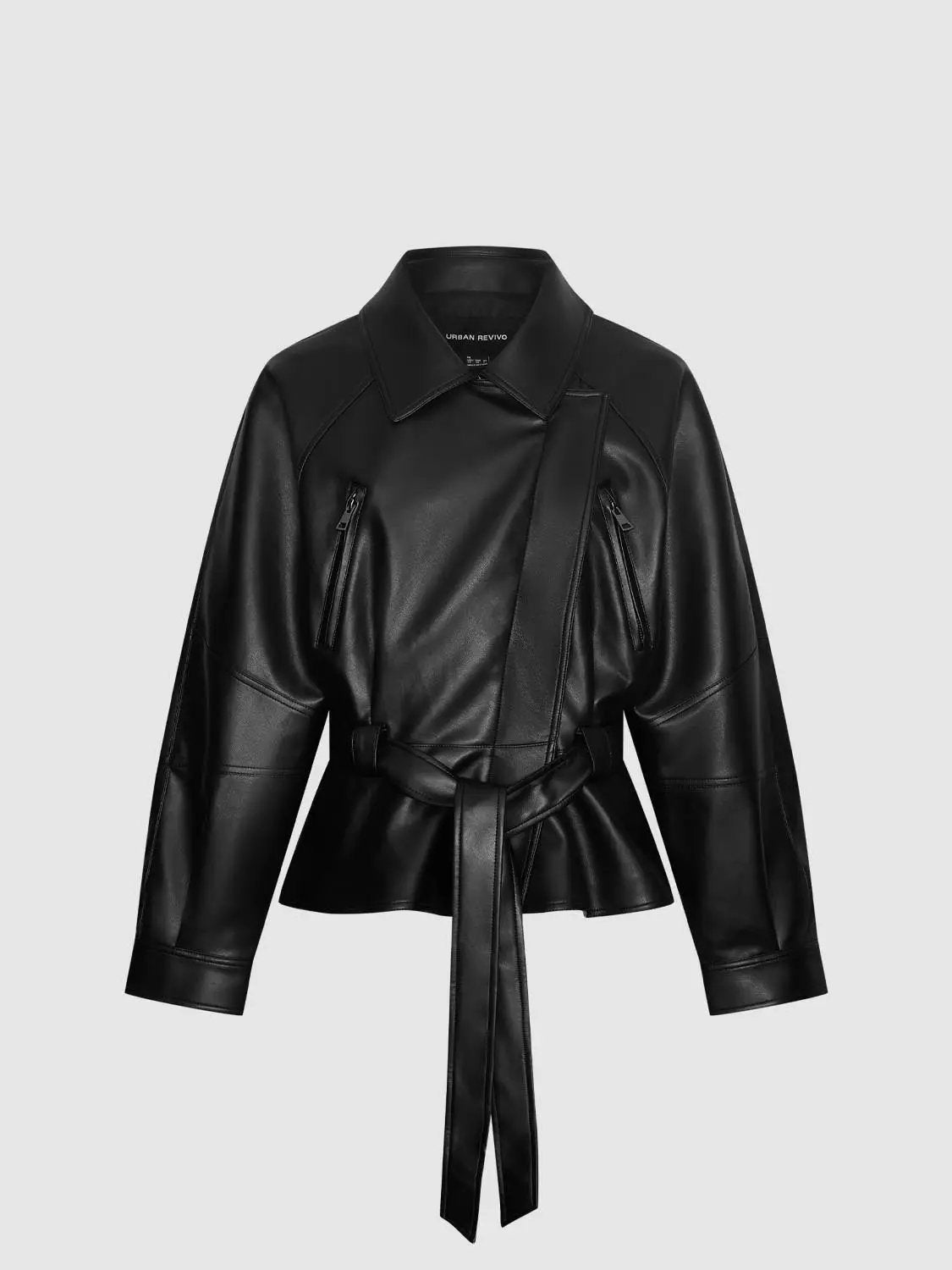 Jacket, black leather with belted waist and zip pockets, Urban Revivo Fashion