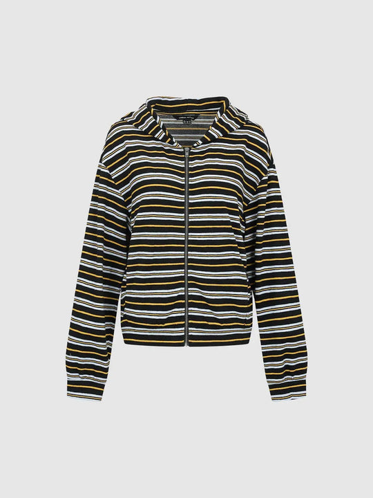 Zip Hooded Striped Long Sleeve Cotton Blend Jacket