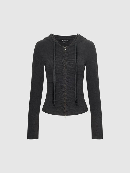 Ruched Fitted Front Zip Long Sleeve Hoodie