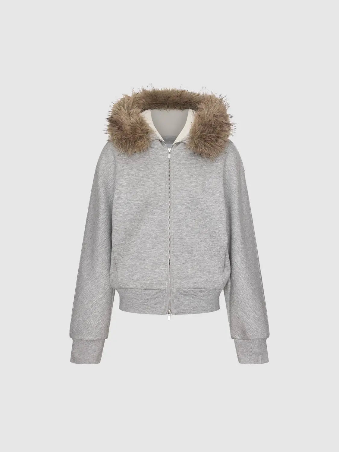 Hoodie jacket in grey with faux fur-trimmed hood, Urban Revivo Fashion