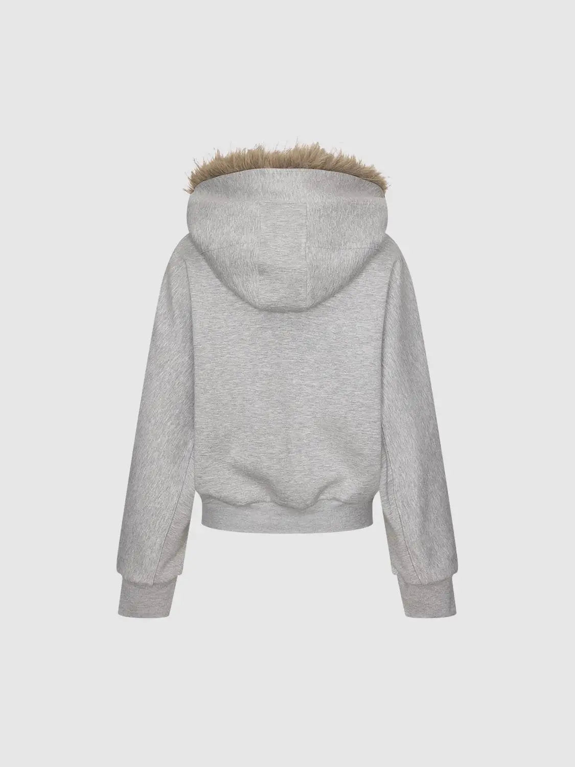 Grey Urban Revivo sweatshirt hoodie jacket with a fur-trimmed hood, back view showing relaxed fit and ribbed cuffs.