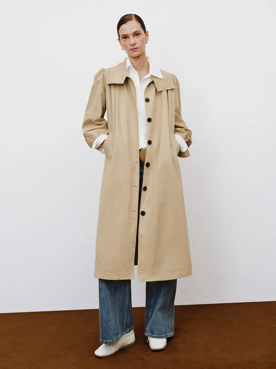 High Collar Long Sleeve Belted Cotton Trench Coat